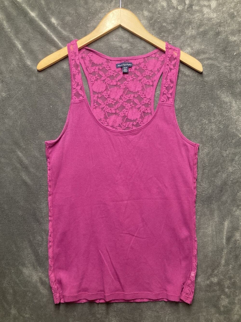 Y2K American Eagle Outfitters Tank Top Fuschia Pink Ribbed Lace Straps & Back XL